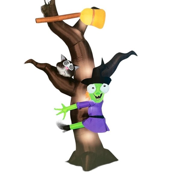 Gemmy Airblown Inflatable Witch Hitting Tree Animated 8 ft Eyes Spin Lights